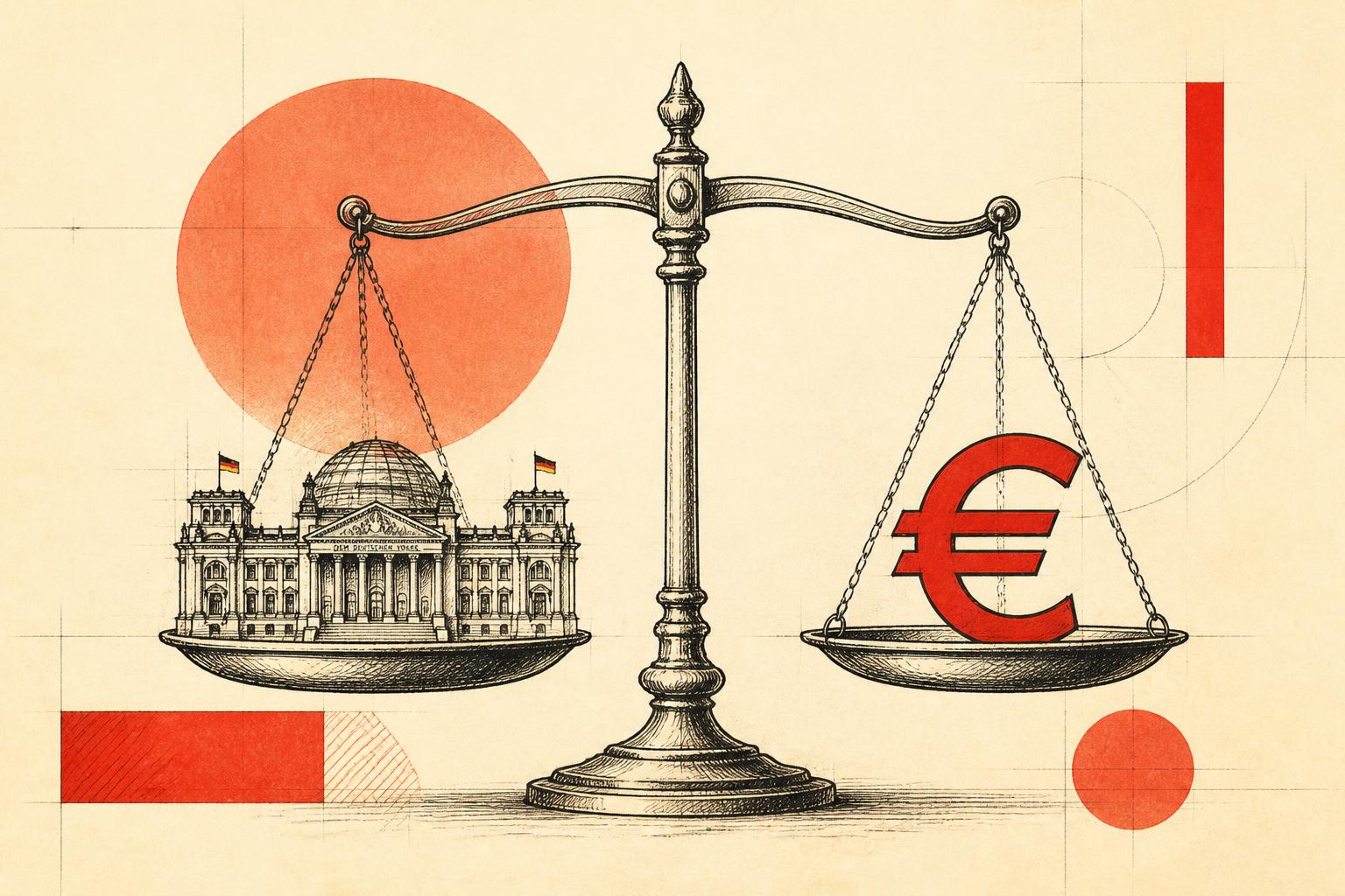 Waage mit Reichstag und Euro als Sinnbild für die politische Abwägung der Reichensteuer