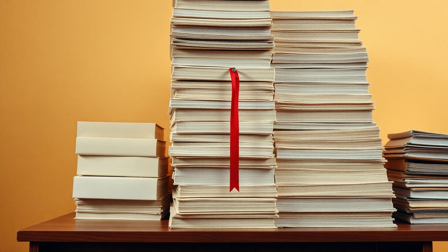 Türme aus blanken Akten und Ordnern auf einem Schreibtisch, ein einzelnes rotes Lesebändchen als Akzent – Bürokratie versus klare Regel.