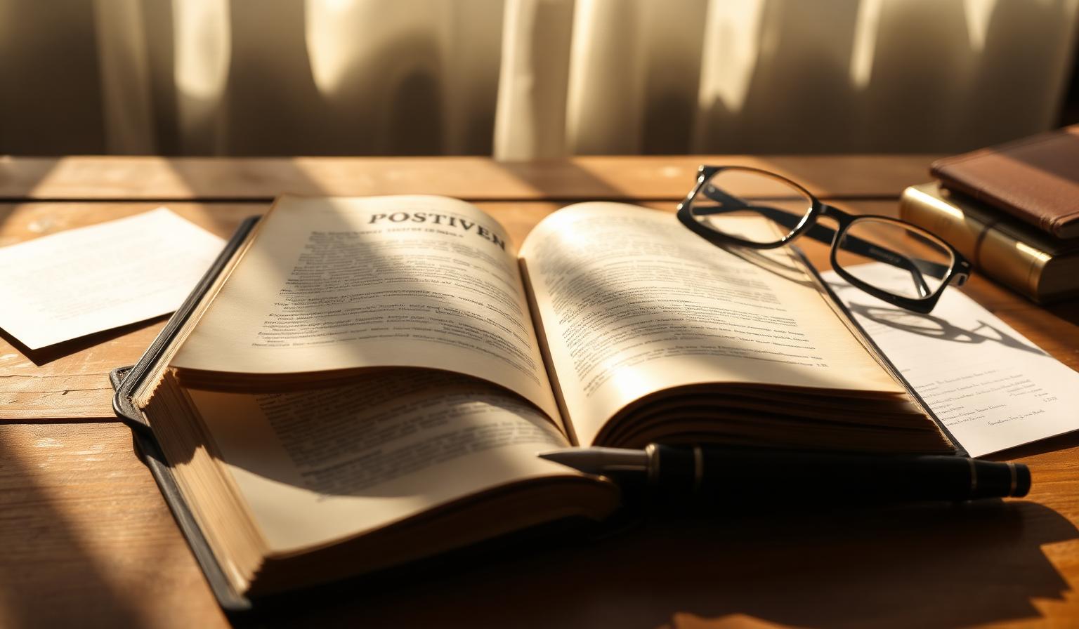Aufgeschlagenes Buch mit Lesebrille und Füllfederhalter auf einem Holztisch im warmen Nachmittagslicht