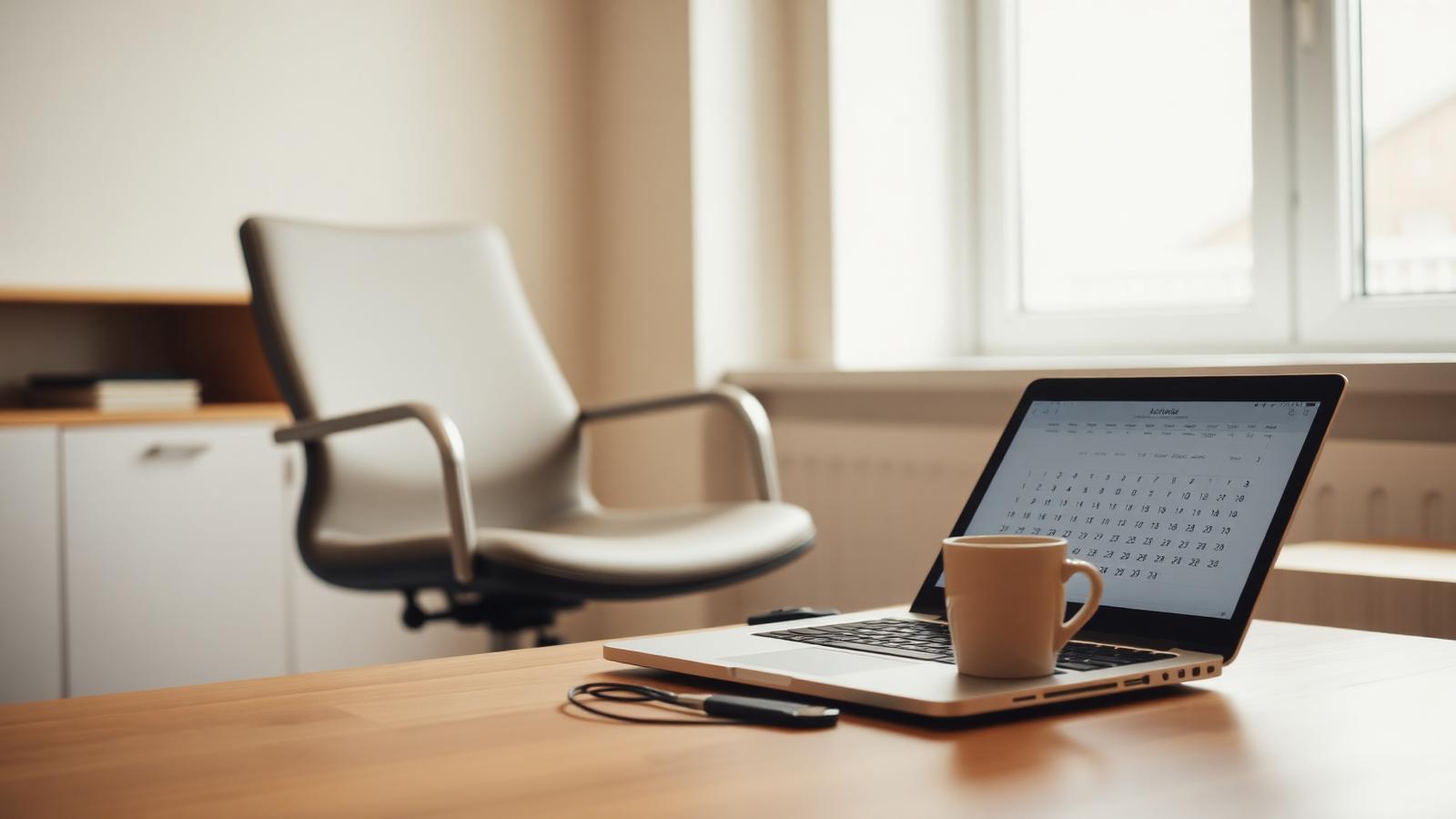 Leerer Schreibtischarbeitsplatz mit aufgeklapptem Laptop und Kaffeetasse – symbolisiert Umsatz- und Einkommensausfall bei Krankheit.