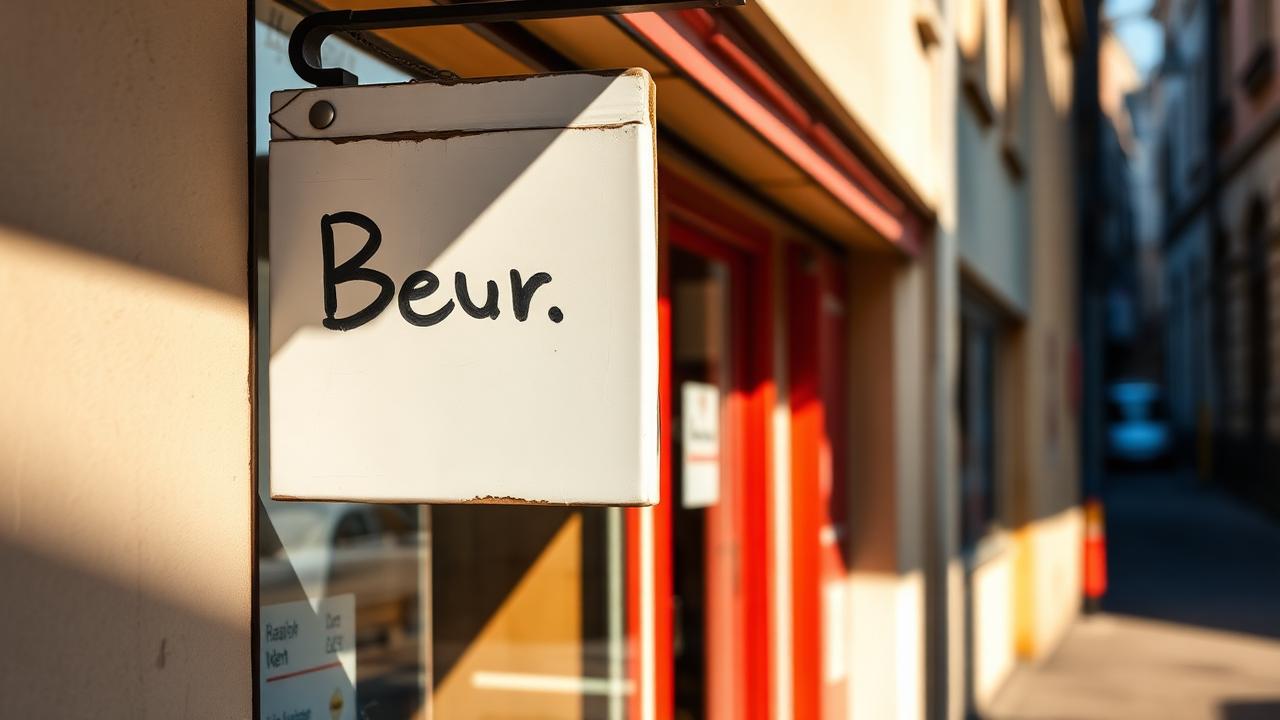 Schlichte Beschilderung an einer Ladenfassade – die Firma steht im Impressum, der Markenname am Eingang.
