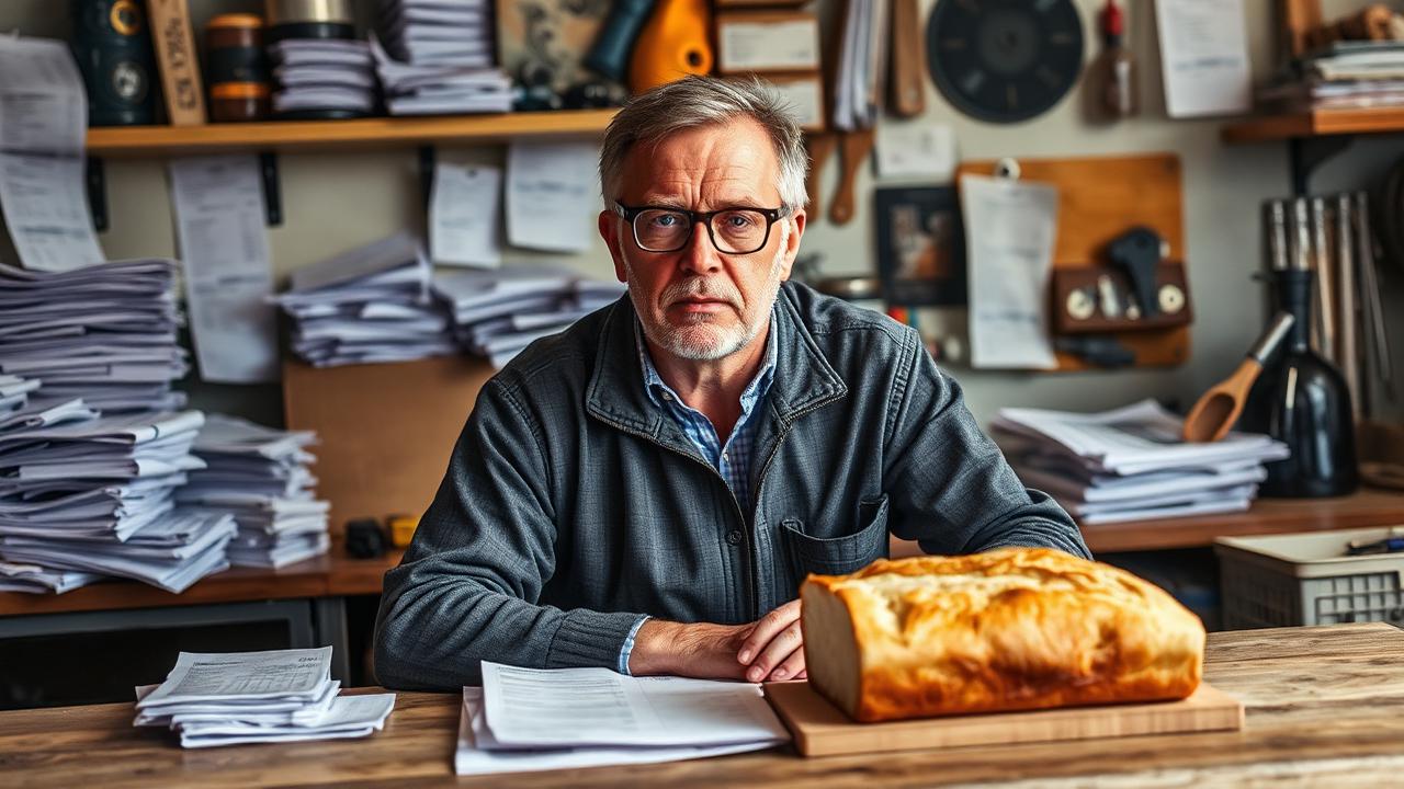 Unternehmer mit ernster Miene an einem Werkstatt-Schreibtisch, umgeben von Aktenstapeln und einem einfachen Laib Brot – Sinnbild für die harte Sparphase, in der nur das Nötigste bleibt.