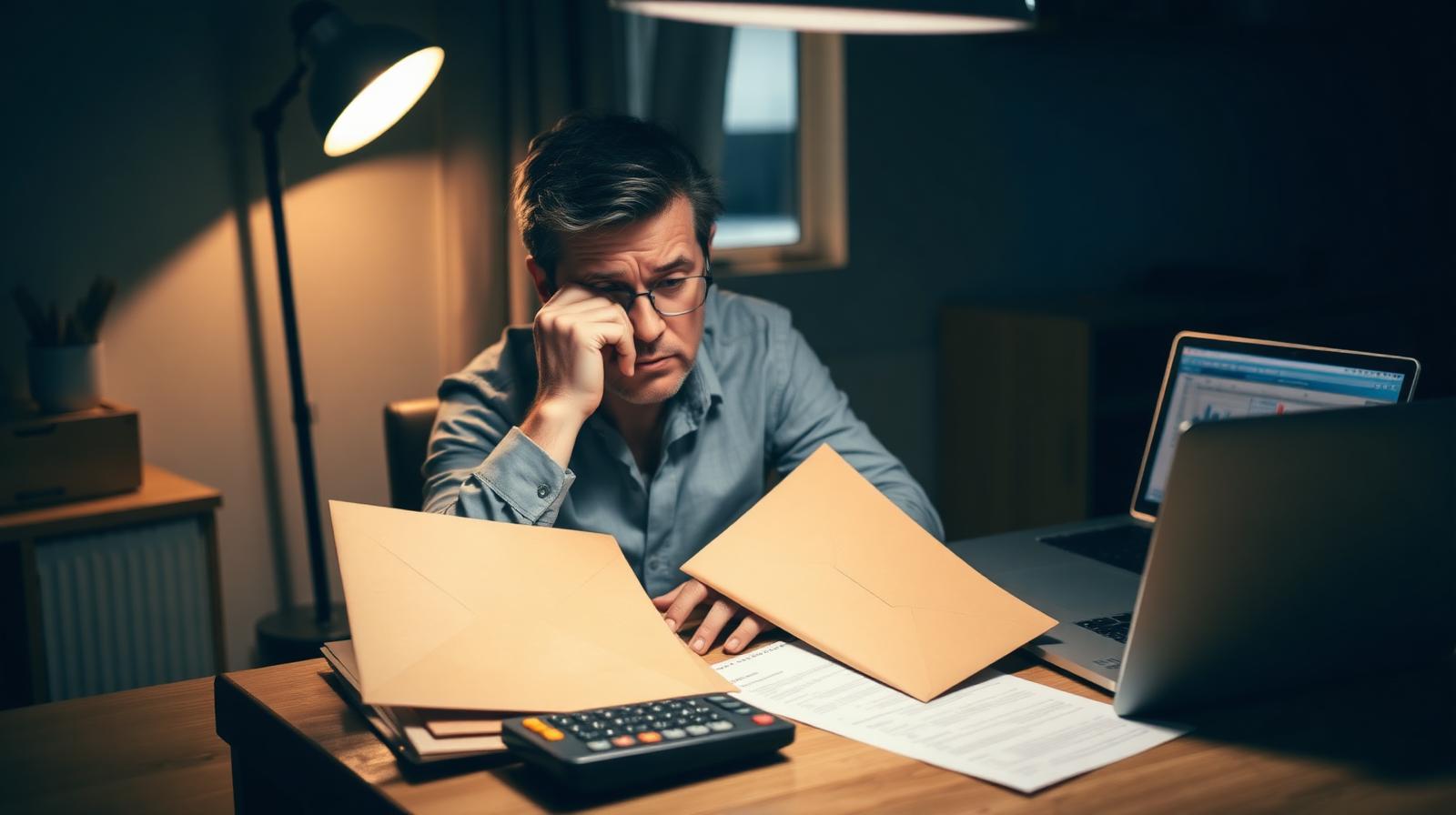 Junger Unternehmer am Schreibtisch mit geöffneten Briefen vom Finanzamt: Im dritten Jahr treffen Nachzahlungen für die Vergangenheit und neue Vorauszahlungen für die Zukunft zeitgleich ein.