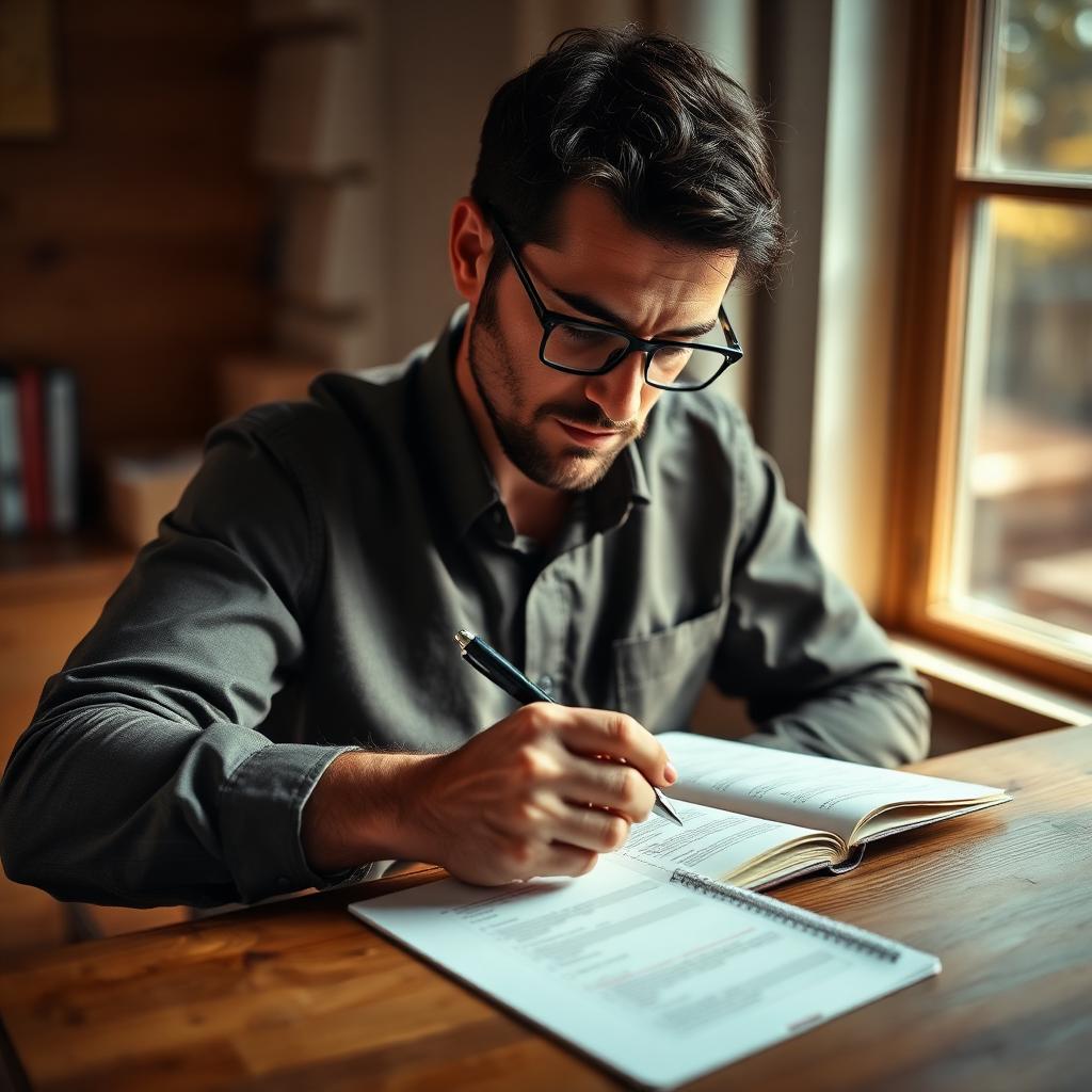 Unternehmer macht handschriftlich eine ehrliche Selbsteinschätzung am Schreibtisch