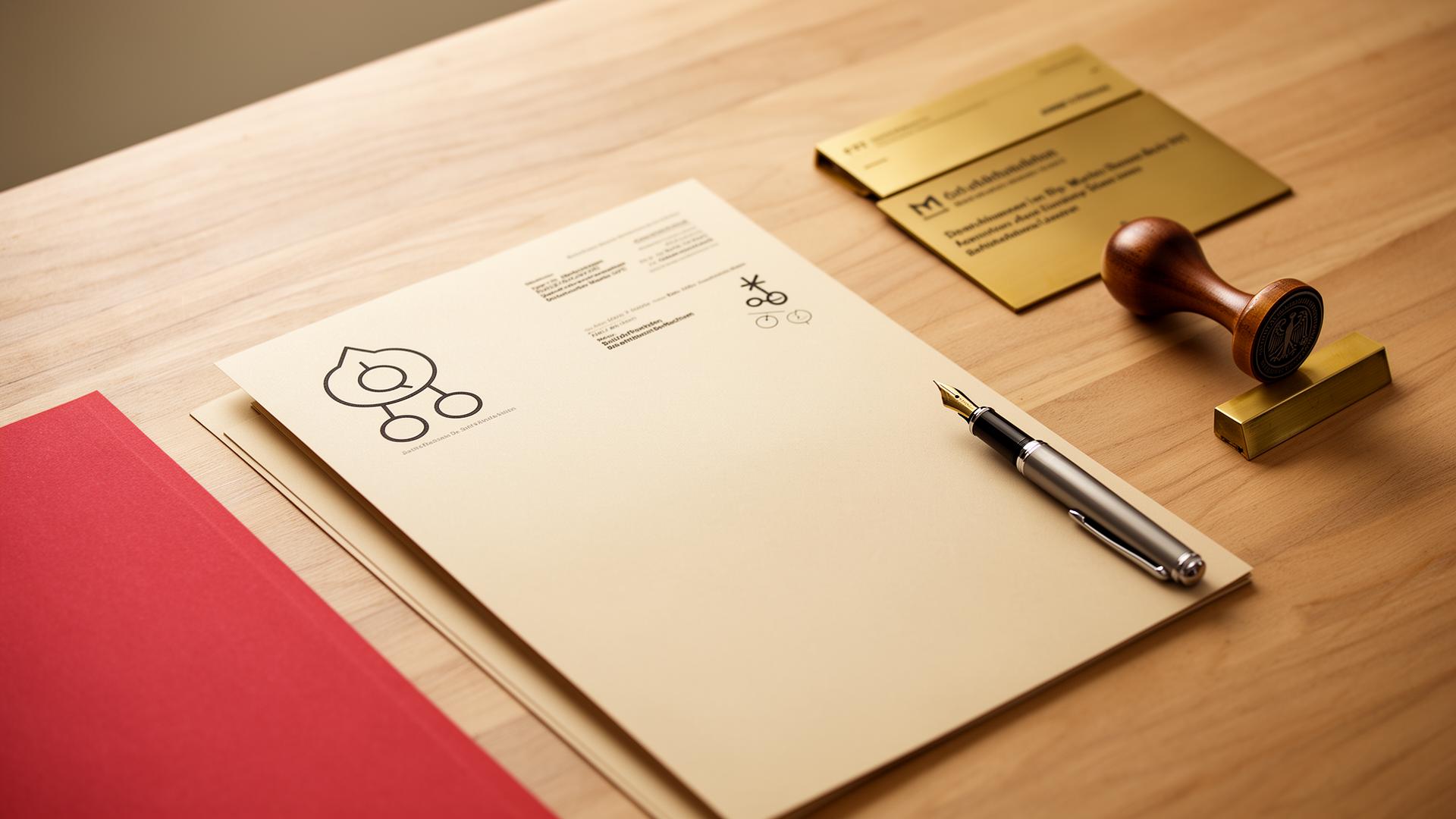 Schreibtisch mit Geschäftspapieren, Stempel und Notar-Utensilien – Gründung in Deutschland