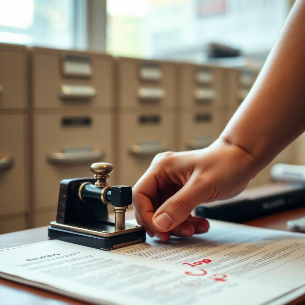 Hand mit Amtsstempel auf einem Formular im Gewerbeamt