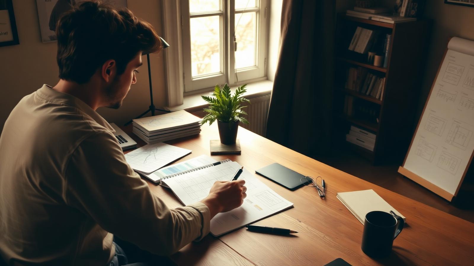 Person am Arbeitsplatz skizziert ein Geschäftskonzept – warmes Tageslicht, ruhige Atmosphäre