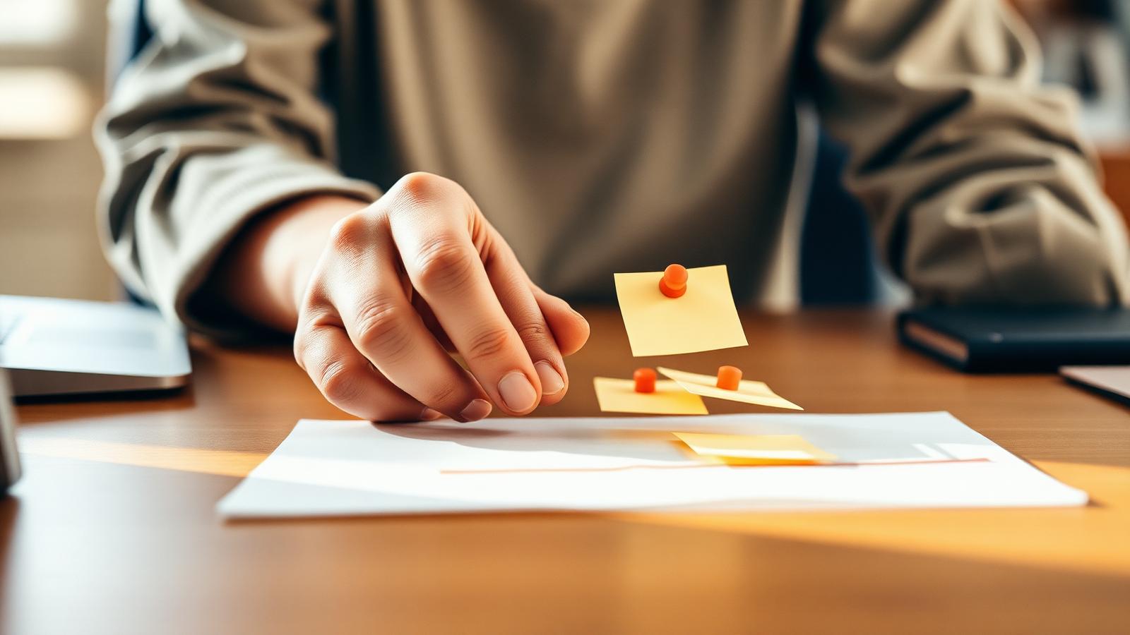 Hände ordnen Notizen auf einem Schreibtisch – die ersten Schritte der Gründung
