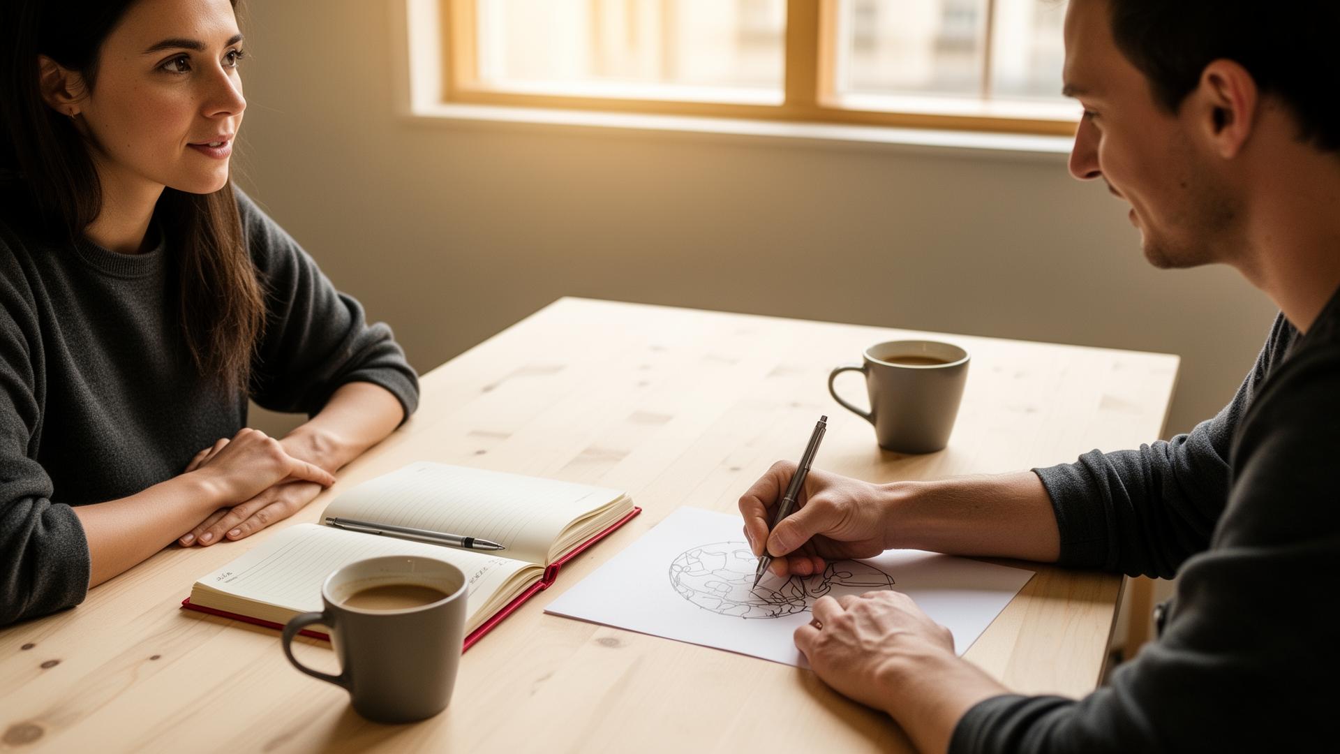 Coaching-Gespräch an einem hellen Holztisch: zwei Personen, Notizbuch und Stift