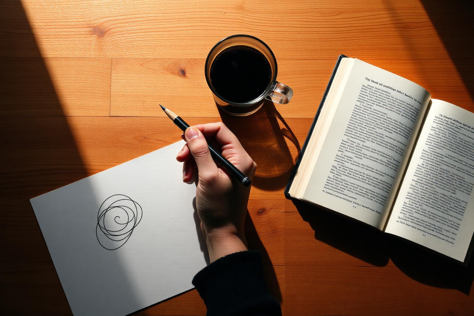 Skizze auf einem Blatt Papier neben Kaffeetasse und aufgeschlagenem Buch