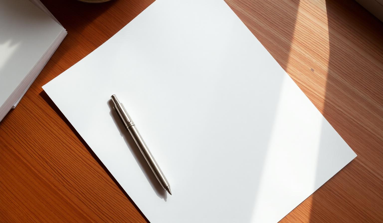 Leeres Vertragsblatt mit Füller auf einem Holztisch – Symbolbild für die zugrunde liegende Vertragsfreiheit, in die die Konstruktion Scheinselbstständigkeit eingreift.