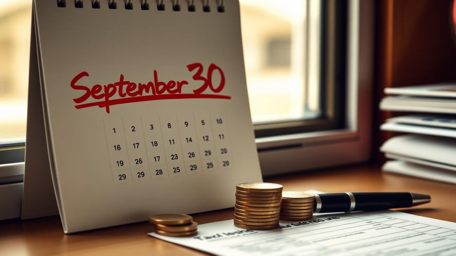 Kalender mit rot markiertem 30. September, Steuerformular und Münzen – Symbol für den persönlichen Staatsquoten-Gedenktag