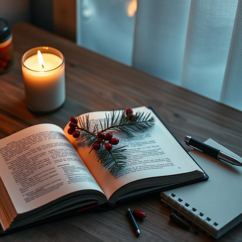 Aufgeschlagenes Buch mit Kerze, Tannenzweig und Notizblock – Symbol für faktenbasierte Auseinandersetzung in der Weihnachtszeit