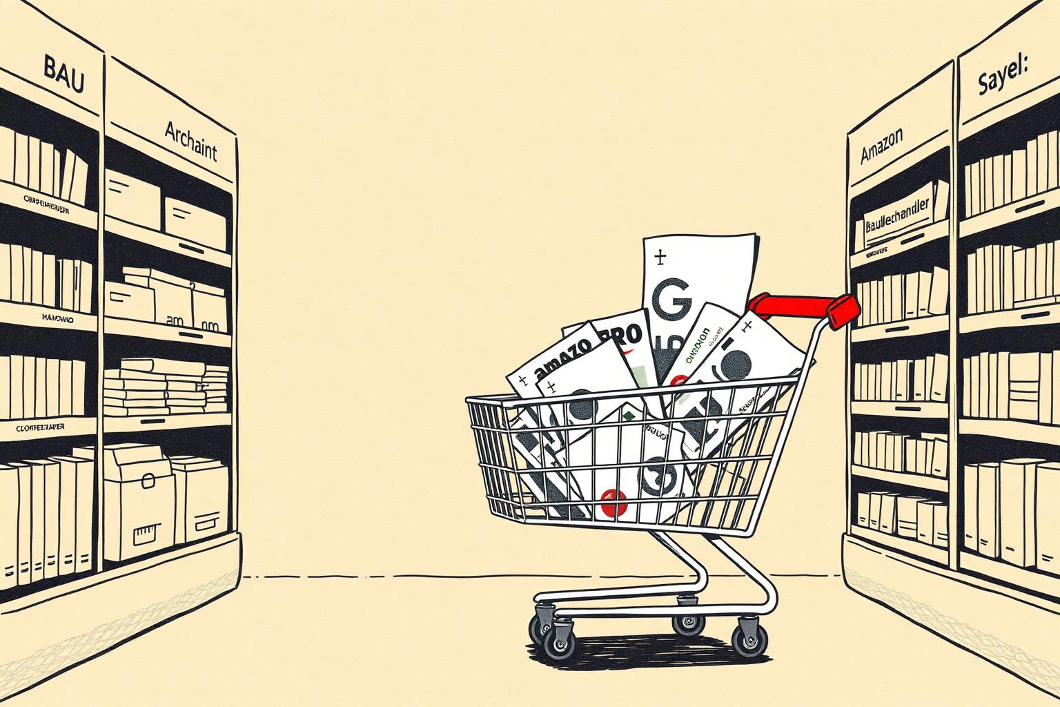 Supermarkt-Regale mit Branchen-Etiketten und Einkaufswagen voller Finanzierungsunterlagen