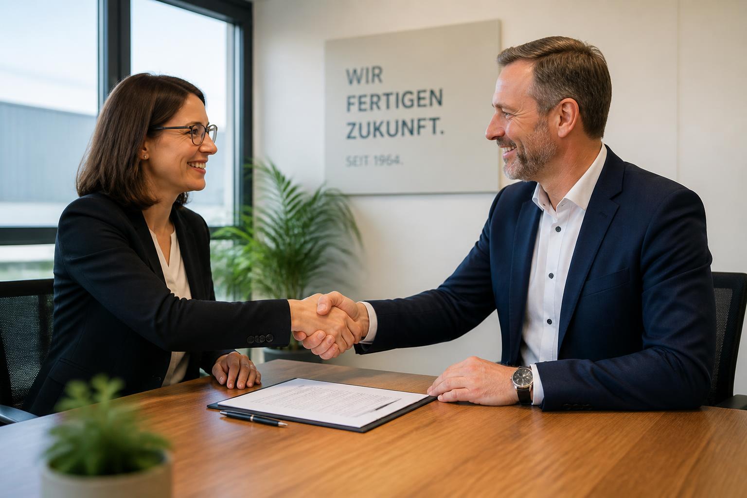 Geschäftsleute bei Vertragsunterzeichnung am Konferenztisch, sachliche Unternehmensatmosphäre