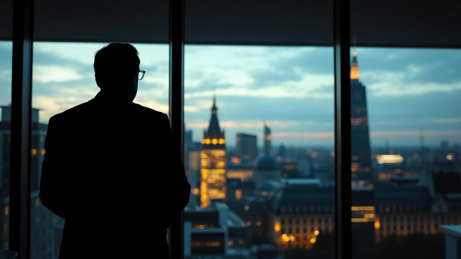 Leerer Konferenzraum in einer deutschen Top-Manager-Etage mit Blick auf die Frankfurter Skyline