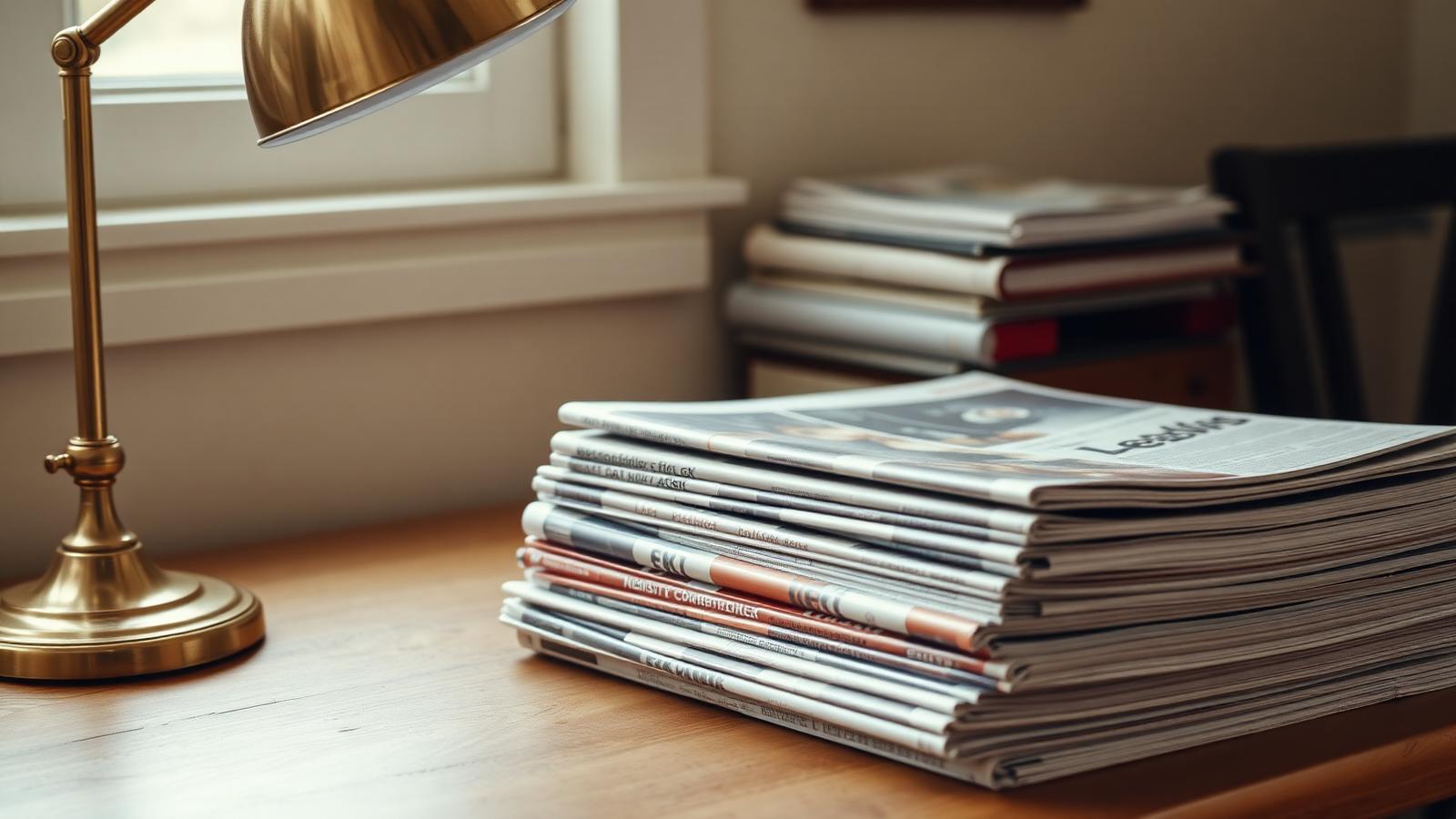 Aufgeschlagene Magazinseiten mit Fließtext, Kaffeetasse und Füllfederhalter auf Holzschreibtisch