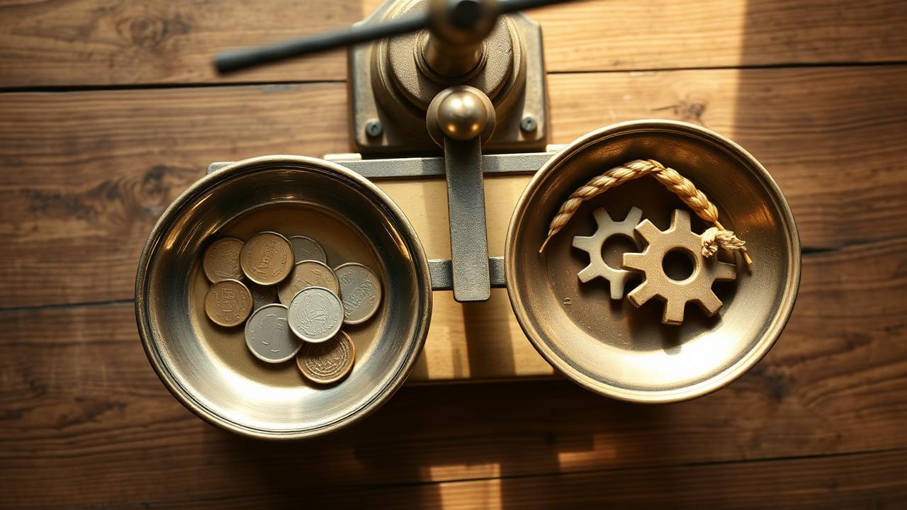 Eine alte Messingwaage mit Münzen auf der einen, Zahnrädern und Getreide auf der anderen Seite – Wohlstand entsteht erst, wenn Arbeit und Kapital im Gleichgewicht stehen.
